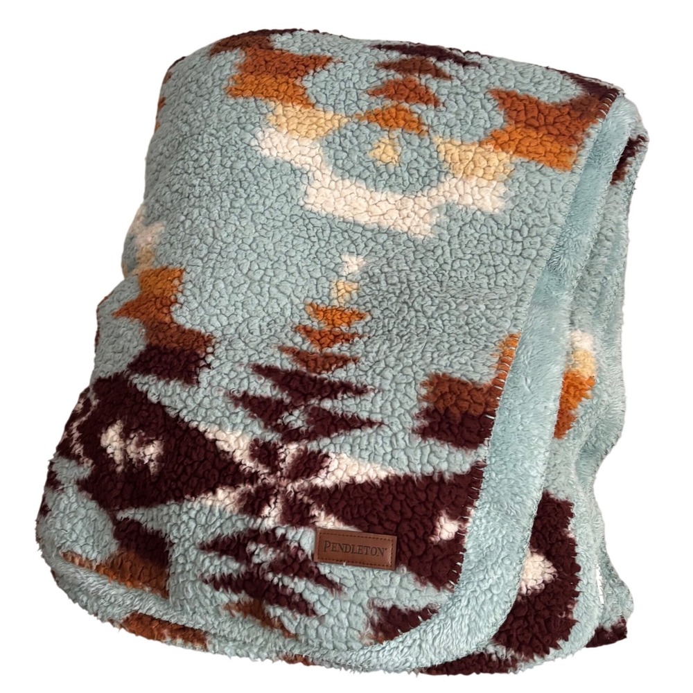Pendleton Sherpa Fleece Blanket Aztec Legend Lake Aqua Blue Sky Southwest King